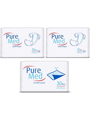 Pure Med  Belbantlı Yetişkin Hasta Bezi Medium Orta Boy 60 Adet +  Yatak Koruyucu Örtü 60X90 cm 30 Adet