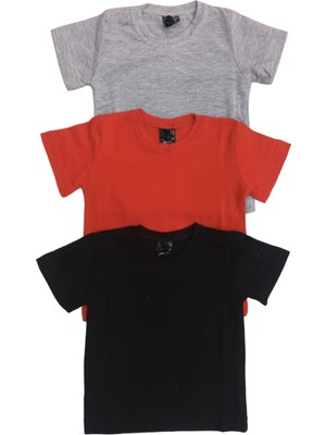 Özdemirli Bebe Basic Düz Bisiklet Yaka Kısa Kollu Likralı Badi Sweat T-Shirt (3 Lü Paket Gri-Kırmızı-Siyah) 