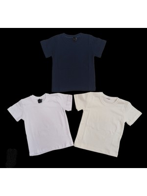Bebedino Basic Düz Bisiklet Yaka Kısa Kollu Likralı Badi Sweat T-Shirt (3 Lü Paket Krem-Lacivert-Beyaz) 