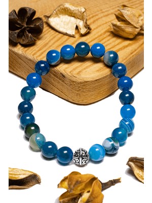 Tesbih Atölyesi Sertifikalı Aaa+ Damarlı Mavi Akik Taşı Bileklik - Gümüş Aparatlı
