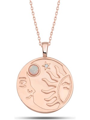 Gumush Gümüş Rose Opal Beyaz Taşlı Ay Güneş Kadın Kolye