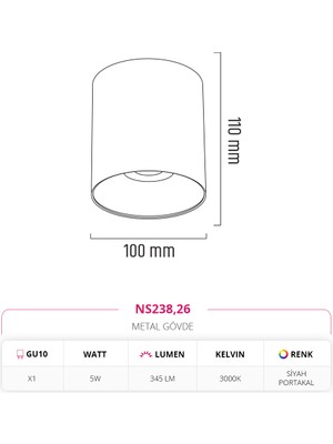 Nevo Sıva Üstü Tavan Armatürü Siyah Portakal 5W 3000K Gün Işığı NS238