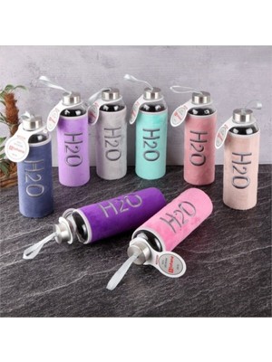 Romans Borosilikat H20 Desenli Peluş Kılıflı Cam Matara Lila 600 ml