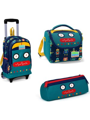 Yaygan Coral High Robot Desenli Işıklı Çekçekli Çanta Orta Boy 3'lü Set Kalem Kutusu ve Beslenme Çantası