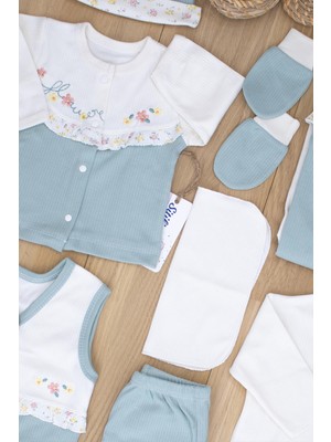 Sitilin Kız Bebek Natural Yeşil Işlemeli Süslü Lüks 10 Lu Hastane Çıkışı Set STL606410