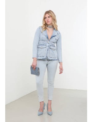 Blue White Kadın Paçası Yırtmaçlı Likralı Slim Fit Jean Pantolon Açık Mavi