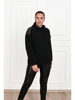 Koza Kadın Omuz Detaylı Kapüşonlu Büyük Beden Sweatshirt 1384-23