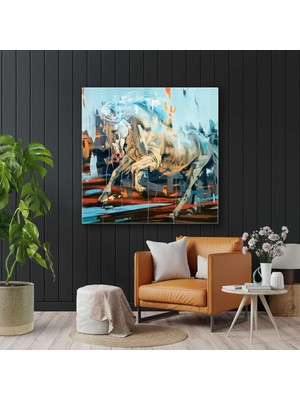 SML Tablo Turuncu Detaylı Koşan Beyaz At Fırça Izleri Dekoratif Kanvas Tablo