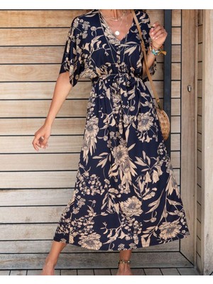 Gülseç Store Kadın Çiçek Baskılı Örme Krep Kumaş Beli Kuşaklı Kısa Kollu Elbise