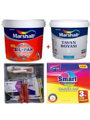 Marshall Silikonlu Sil - Pak Leke Tutmaz Duvar Boyası 2 5 Lt + Marshall Tavan Boyası 3 5 kg + Izmir Fırça Duvar Boyama Seti