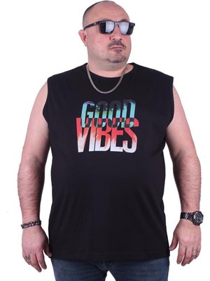 Starbattal Büyük Beden Erkek Baskılı Kolsuz Tişört Good Vibes 23141 Siyah10