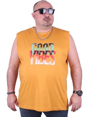 Starbattal Büyük Beden Erkek Baskılı Kolsuz Tişört Good Vibes 23141 Hardal10