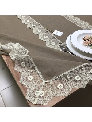 Oya Home Bej Dantelli Kahverengi Zemin Masa Örtüsü&ranır Set-2 Parça