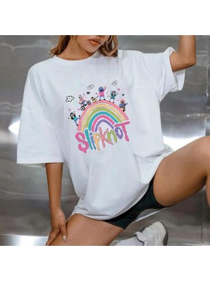 Touz Moda  Slipknot Rainbow Baskılı Beyaz Unisex Oversize T-Shirt10