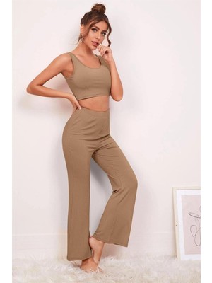 Lucky Store Bella Notte Viskon Soluk Kahverengi 3 Lü Crop Takım 7007