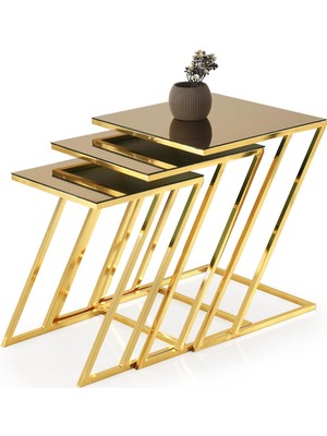 Erezoğulları Mobilya Zarif Metal Ayak Kare Z 3'lü Zigon Sehpa Camlı