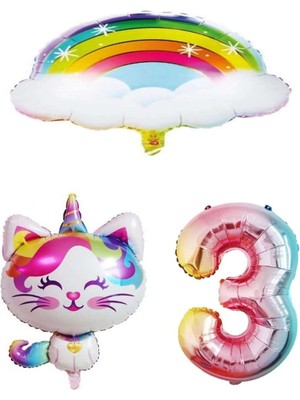 Bal10 Dünyası Bulutlu Gökkuşağı Unicorn Kedi Folyo ve Rakam Balon Seti Yaş 3