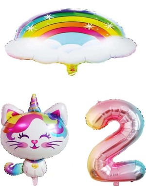 Bal10 Dünyası Bulutlu Gökkuşağı Unicorn Kedi Folyo ve Rakam Balon Seti Yaş 2