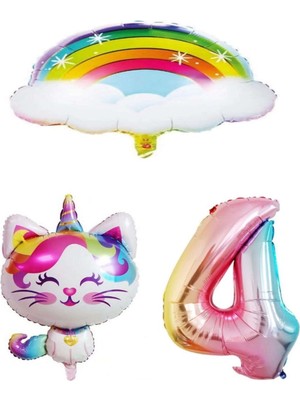 Bal10 Dünyası Bulutlu Gökkuşağı Unicorn Kedi Folyo ve Rakam Balon Seti Yaş 4