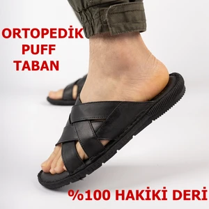 Ayakkabiburada 034 Günlük Tam Ortopedik Hakiki Deri Erkek Terlik Puff Taban