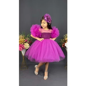 Mnk Baby & Kids Mnk Baby Şifon Robalı Ponpon Kol Pul Payetli Kız Çocuk Kabarık Etek Tütülü Abiye