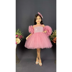 Mnk Baby & Kids Mnk Baby Şifon Robalı Ponpon Kol Pul Payetli Kız Çocuk Kabarık Etek Tütülü Abiye