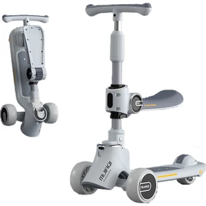 Müzikli ve Işıklı Tek Tuşla Katlanıp Oturabilir ve Kayabilir Çocuk Scooter - Beyaz (Yurt Dışından)