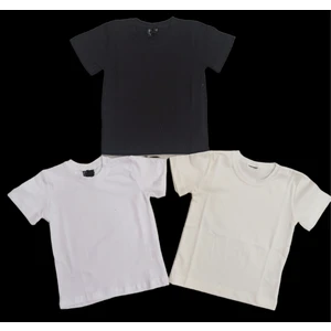 Basic Düz Bisiklet Yaka Kısa Kollu Likralı Badi Sweat T-Shirt (3 Lü Paket Krem-Siyah-Beyaz) 