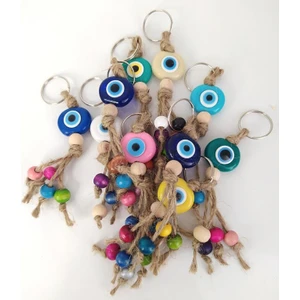 HD Marketim Nazar Boncuk Anahtarlık 20 Adet Karışık Renkli Kötü Göz Kovucu Nazar Hand Made Hasır Renkli Ahşap Boncuklu Nazarlı Anahtarlık