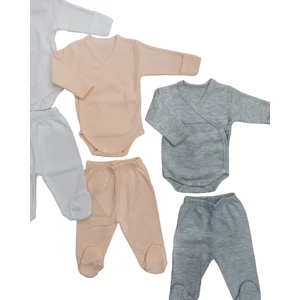 Uzun Kollu Kendinden Eldiven Çıtçıtlı Kruvaze Badi ve Patikli Alt ( 3 Takım Beyaz-Somon-Gri)