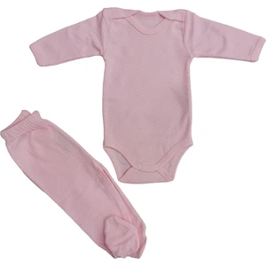 Uzun Kollu Çıtçıtlı Bebek Badisi ve Patikli Alt Düz Renk Zıbın Seti (Pembe Renk)
