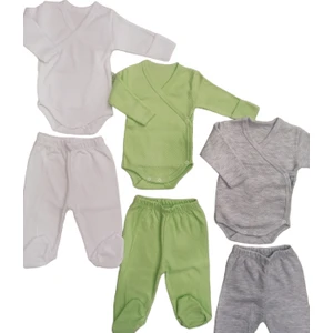 Uzun Kollu Kendinden Eldiven Çıtçıtlı Kruvaze Badi ve Patikli Alt ( 3 Takım Beyaz-Çağla-Gri)