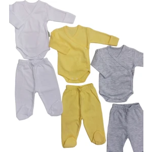 Uzun Kollu Kendinden Eldiven Çıtçıtlı Kruvaze Badi ve Patikli Alt ( 3 Takım Beyaz-Sarı-Gri)