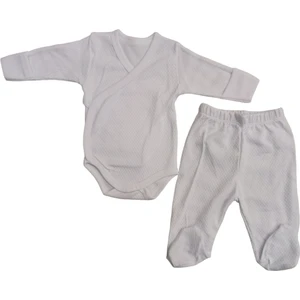 2 Li Takım Uzun Kollu Kendinden Eldiven Çıtçıtlı Kruvaze Badi ve Patikli Alt Beyaz Renk