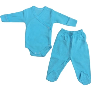 2 Li Takım Uzun Kollu Kendinden Eldiven Çıtçıtlı Kruvaze Badi ve Patikli Alt Turkuaz Renk