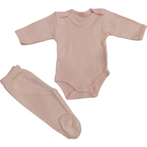 Uzun Kollu Çıtçıtlı Bebek Badisi ve Patikli Alt Düz Renk Zıbın Seti (Somon Renk)