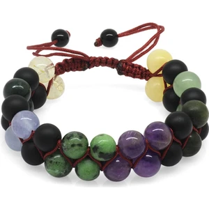 Çift Sıra Makrome Örgülü Küre Kesim Çoklu Doğaltaş Kombinli Kadın Şifa Bilekliği