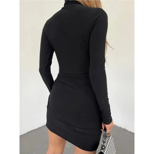 Senem Karadağ  Kadın Siyah Sandy Drapeli Dik Yaka Elbise Mini Large