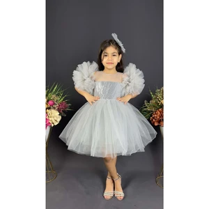 Mnk Baby & Kids Mnk Baby Şifon Robalı Ponpon Kol Pul Payetli Kız Çocuk Kabarık Etek Tütülü Abiye