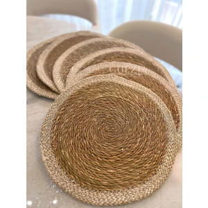 6 Adet Krem Şeritli Hasır Supla  | Örgü Amerikan Servis | 35 cm Çap Supla  | 6 Adet