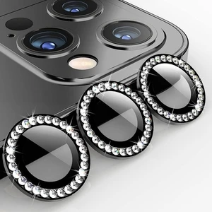 iPhone 13 Pro -13 Pro Max Uyumlu Taşlı Tasarımlı Kamera Lens Temperli Koruyucu 3'lü - Siyah