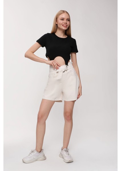 Kadın Beli Kemerli Yüksek Bel Krem Renk Kot Şort10 fiyatları