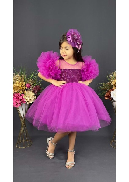 Mnk Baby Şifon Robalı Ponpon Kol Pul Payetli Kız Çocuk Kabarık Etek Tütülü Abiye