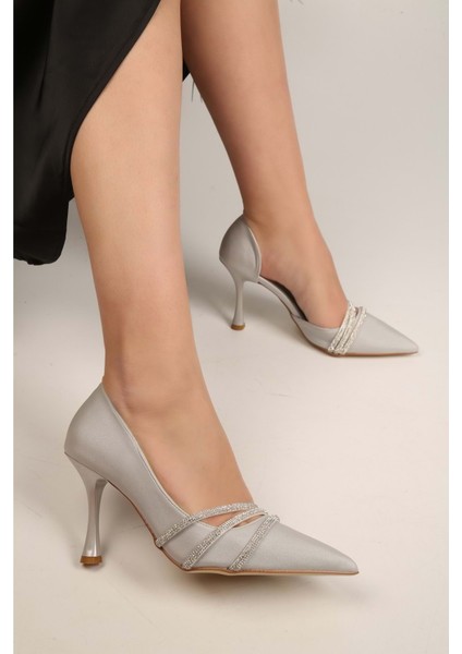 Kadın Aern Gümüş Saten Taşlı Topuklu Ayakkabı Stiletto10