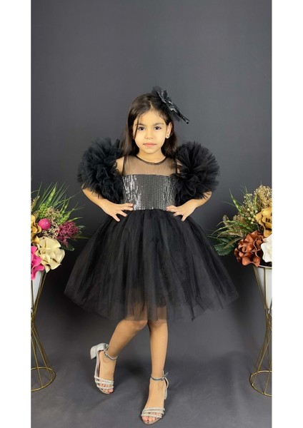 Mnk Baby Şifon Robalı Ponpon Kol Pul Payetli Kız Çocuk Kabarık Etek Tütülü Abiye