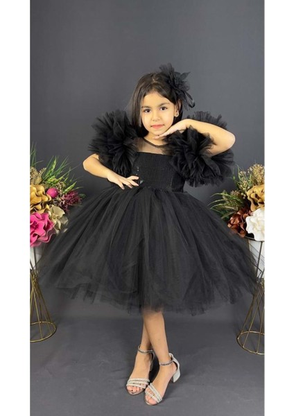 Mnk Baby Şifon Robalı Ponpon Kol Pul Payetli Kız Çocuk Kabarık Etek Tütülü Abiye