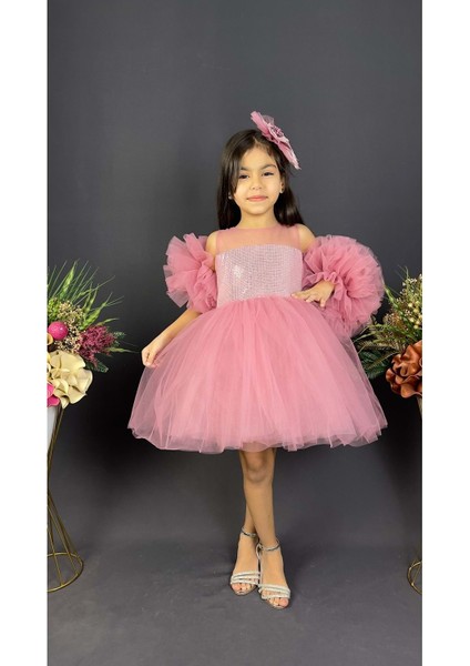 Mnk Baby Şifon Robalı Ponpon Kol Pul Payetli Kız Çocuk Kabarık Etek Tütülü Abiye