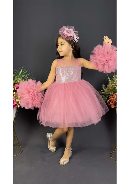 Mnk Baby Şifon Robalı Ponpon Kol Pul Payetli Kız Çocuk Kabarık Etek Tütülü Abiye fiyatları