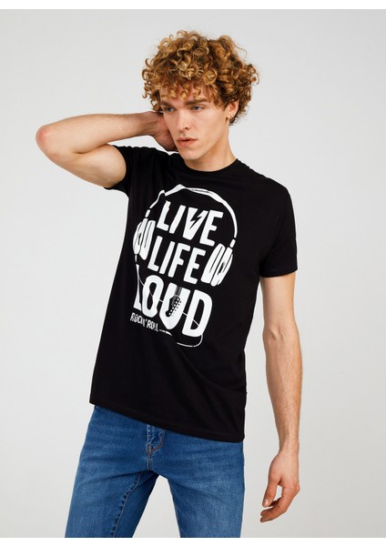 Bisiklet Yaka Baskılı Siyah Erkek T-Shirt TC711710