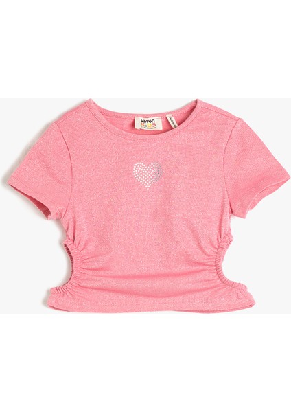 Crop Tişört Kısa Kollu Pencere Detaylı Yuvarlak Yaka Pamuklu